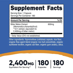 Supplement Facts panel for Bitter Melon extract, 600mg per capsule