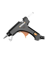 Mini hot glue gun, black with orange trigger and metal stand