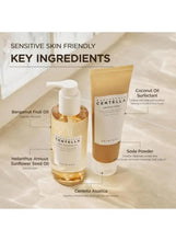 Centella cleanser bottles with ingredient labels for oils and soda powder