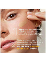 Tinted sunscreen fluid for face, hand applying product to cheek; Bioderma Photoderm