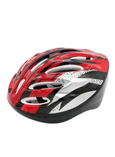 Skating helmet with red, black, and white graphic shell and chin strap