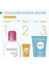 Skincare routine graphic with Photoderm Aquafluide SPF 50+ sunscreen tube and other bottles
