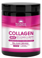 Collagen powder tub with black lid and pink label, unflavoured, 20 servings