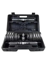 Adjustable dumbbell set in a black carry case with weight plates and handles