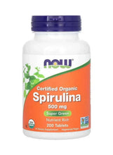 Spirulina supplement bottle, 500 mg certified organic, with blue cap and orange label
