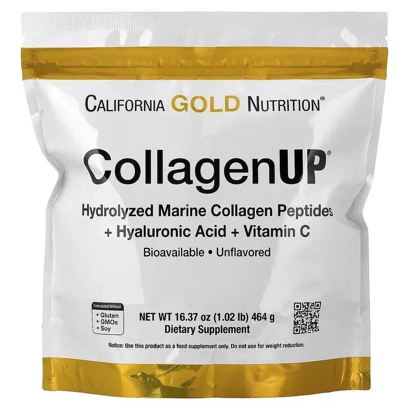 California Gold Nutrition CollagenUP كولاجين بحري + حمض الهيالورونيك + فيتامين ج (206 جم / 1 كجم / 10 أكياس) – دعم غير منكه للجمال والمفاصل
