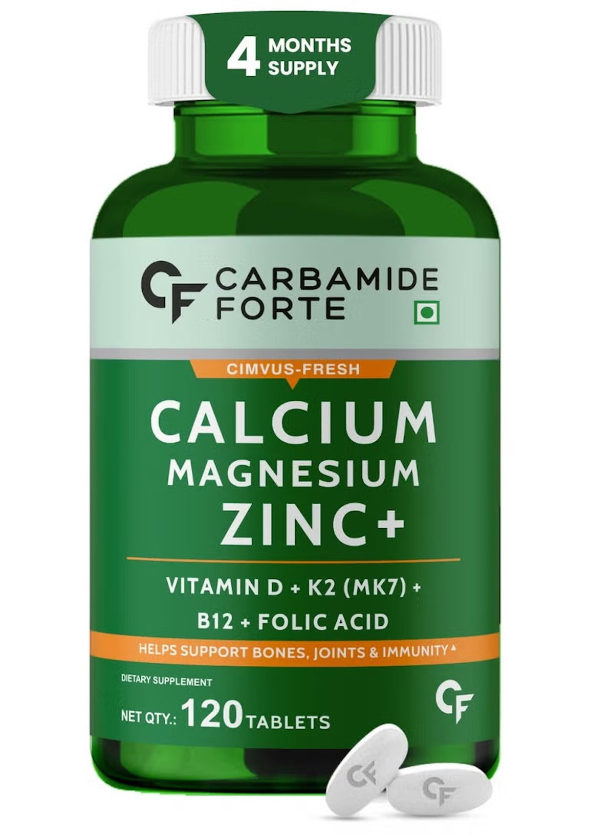Calcium, Magnesium, Zinc + Vitamin D, K2 & B12 | Bone & Joint Support | High Absorption Calcium Citrate Malate | For Women & Men | 120 Veg Tablets