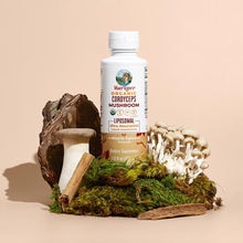 MaryRuth's liposomal cordyceps mushroom bottle with cordyceps mushrooms and bark