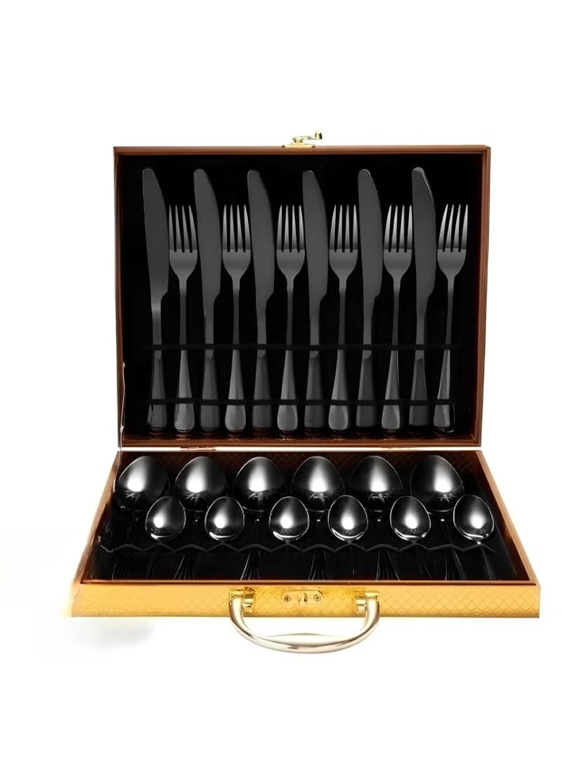24 Pcs Stainless Steel Reusable Spoon Fork And Knives Black Color Cutlery Set - Mumzar