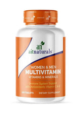 Women and men multivitamin supplement bottle with orange cap, front label