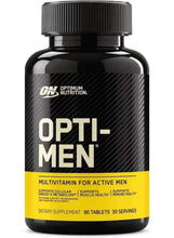 Multivitamin bottle with black cap and OPTI-MEN label front, yellow stripe band