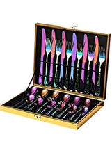 24-piece rainbow stainless steel cutlery set in open wooden box