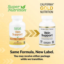 Two California Gold Nutrition Vein Support supplement bottles, new label comparison