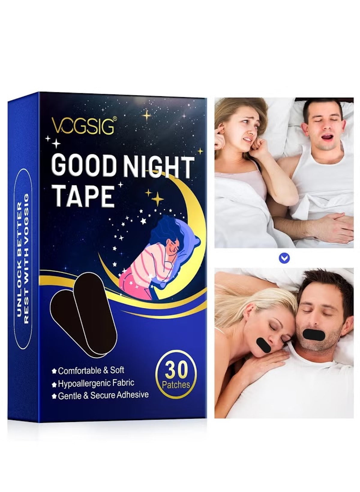 Good Night Tape – 30 Patches | Anti-Snoring Sleep Mouth Tape | Soft, Comfortable, Odour-Free Strips for Better Nasal Breathing & Reduced Mouth Dryness