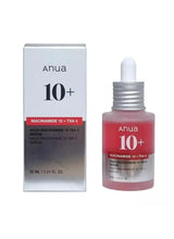 Face serum bottle and box, red 10+ formula with silver cap