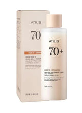Anua 70+ glow milky toner bottle and carton, 250 ml, with pump cap