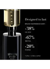 Refill dispenser bottle with clear glass container, metal pump, and Armani Code label