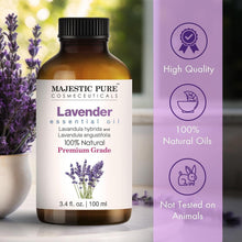 Lavender essential oil bottle in amber glass with black cap and product label
