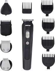 Geepas GTR8612N 11-in-1 Rechargeable Grooming Set | 3.7V DC | Hair/Bread/Nose/Ear/Body Trimmer | 5 Changeable Heads | Li-Ion Battery | 60mins Working Time | LED Display | 4 Combs Attachments