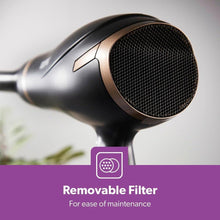 Geepas hair dryer nozzle with textured front grille, black and gold trim.