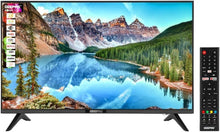 Black 32-inch LED smart TV with three-leg stand and remote control