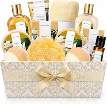 Vanilla spa gift set basket with bottles and bath accessories