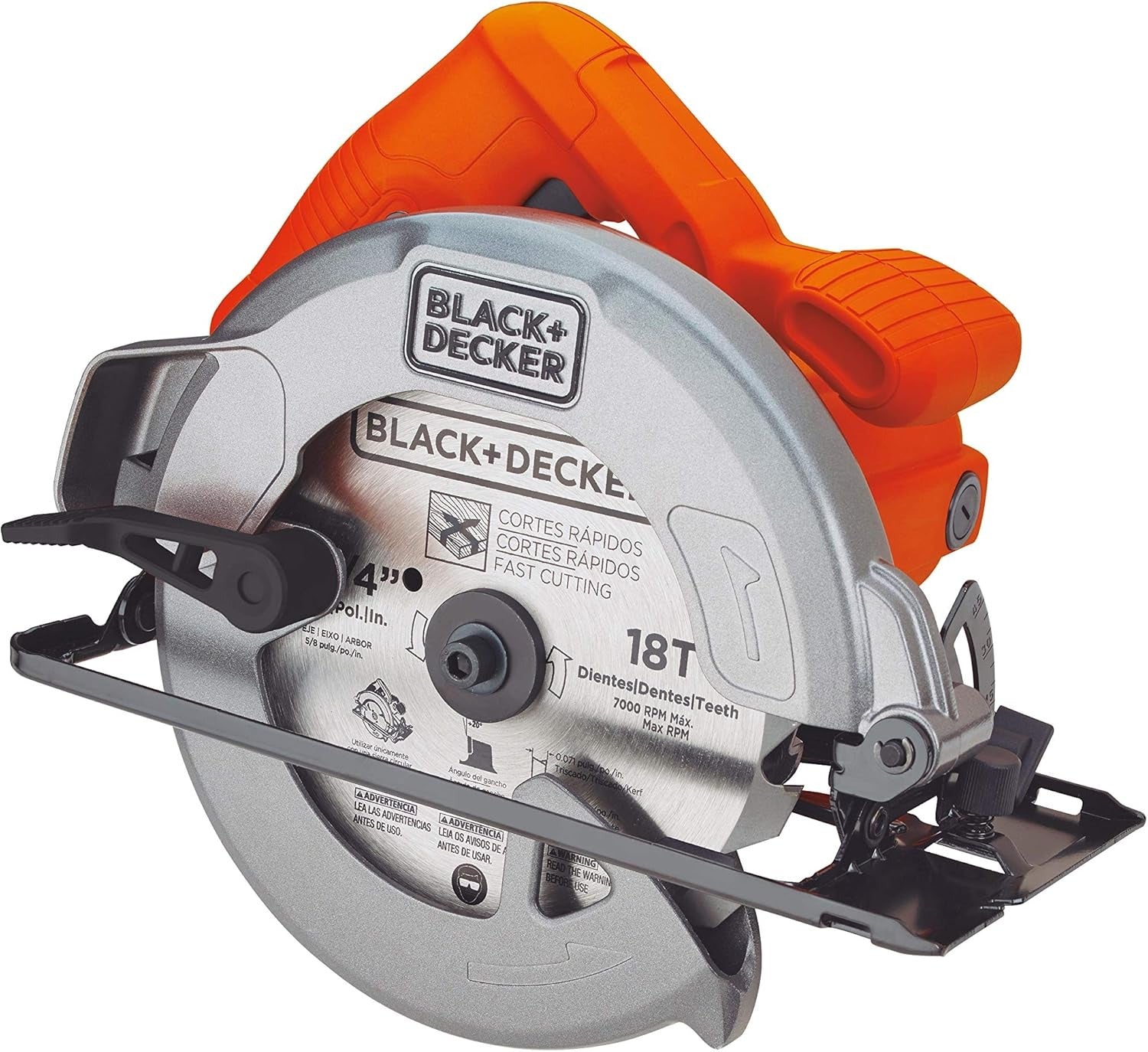 Black+Decker 18T circular saw with orange handle and front blade guard