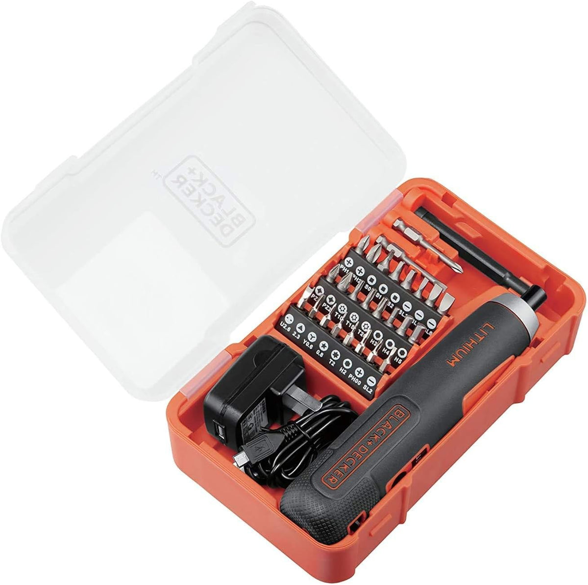BLACK+DECKER 4V 5Nm Li-Ion Cordless Electric Push & Go Screwdriver with 27 Pieces Accessories in Kitbox for Screwdriving, Fastening and Wire Stripping, Orange/Black - BD40K27-B5
