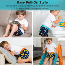 Toddler pull-on potty training boxer briefs in navy dinosaur print with elastic waist