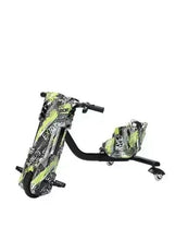 Electric drifter scooter, neon green and black graphic deck, three-wheel base