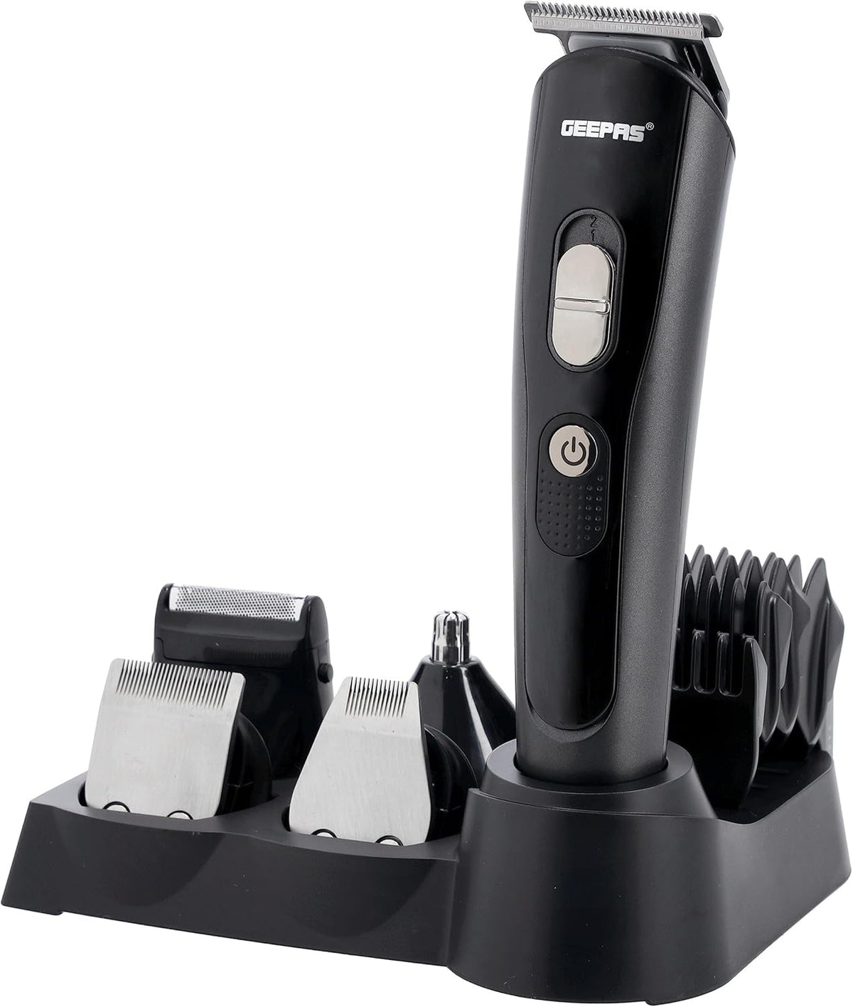 Geepas GTR8612N 11-in-1 Rechargeable Grooming Set | 3.7V DC | Hair/Bread/Nose/Ear/Body Trimmer | 5 Changeable Heads | Li-Ion Battery | 60mins Working Time | LED Display | 4 Combs Attachments