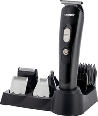 Geepas GTR8612N 11-in-1 Rechargeable Grooming Set | 3.7V DC | Hair/Bread/Nose/Ear/Body Trimmer | 5 Changeable Heads | Li-Ion Battery | 60mins Working Time | LED Display | 4 Combs Attachments