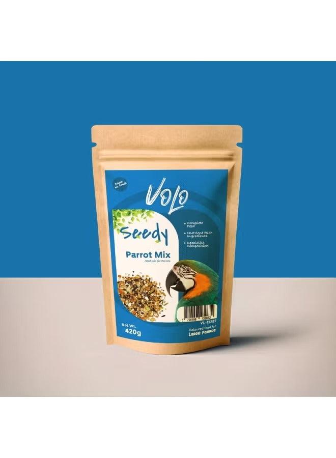 Seedy Parrot Mix bird feed pouch, 420g, kraft stand-up bag with parrot label