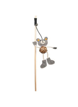 Brown and grey canvas playing rod with bear face and hanging fabric toys