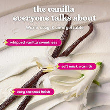Vanilla hand lotion promotional image with vanilla pods and white vanilla flower