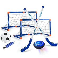 Kids 2-in-1 air hockey & soccer toy set: blue nets, paddles, ball and puck