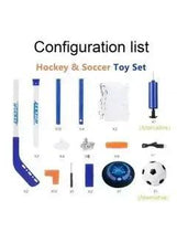2-in-1 hover hockey and soccer set parts: goals, hockey sticks, hover puck, soccer ball