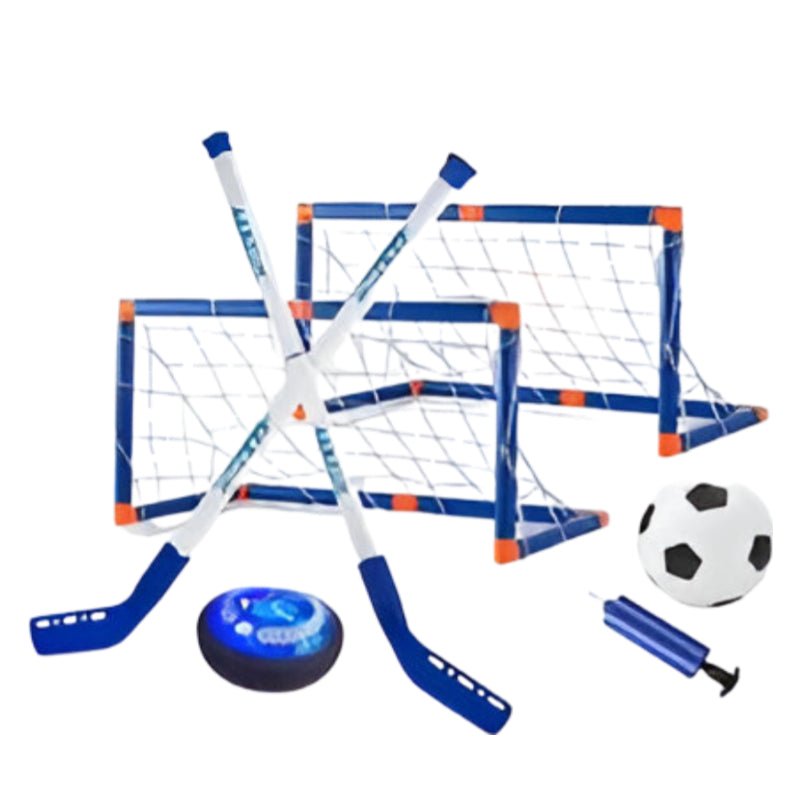 Huitich 2-in-1 hover hockey and soccer set with goals, hover puck, sticks, soccer ball, and pump