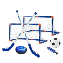 2-in-1 hover hockey and soccer toy set with blue goals, sticks, puck and soccer ball