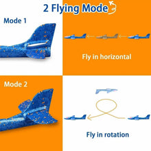 Blue light-up kids airplane glider shown in two flight modes with motion arrows.