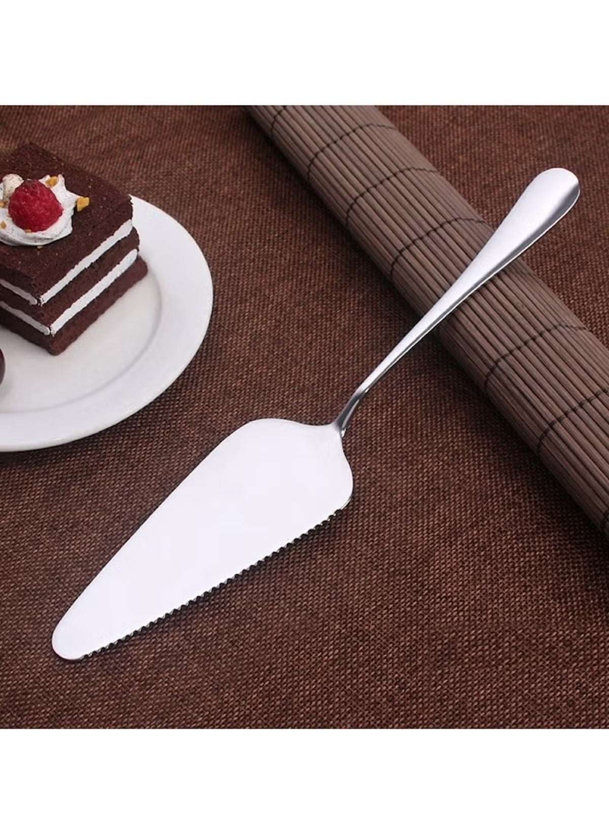 Huitich 2 piece cake serving utensils stainless steel serrated cake server on brown cloth