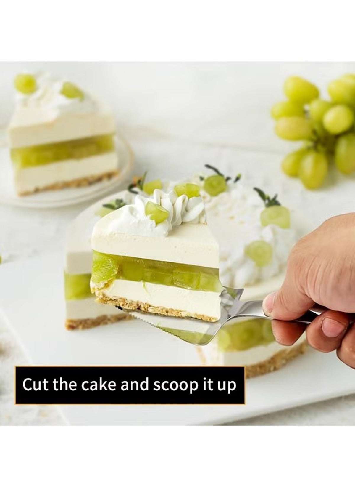 Huitich 2 piece cake serving utensils cutting and scooping a slice of green grape layered cake