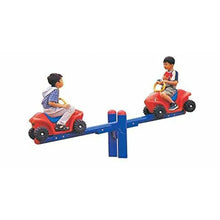 Two-seat kids car rider seesaw with red ride-on cars and blue balance beam, two seated