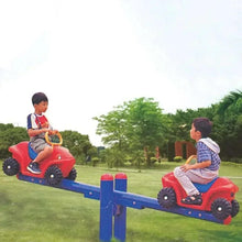 Kids car rider seesaw with two red seats, black wheels, and blue balancing base