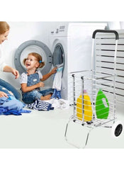 Huitich 2 wheel aluminum shopping cart next to washing machine with laundry bottles and woman with child