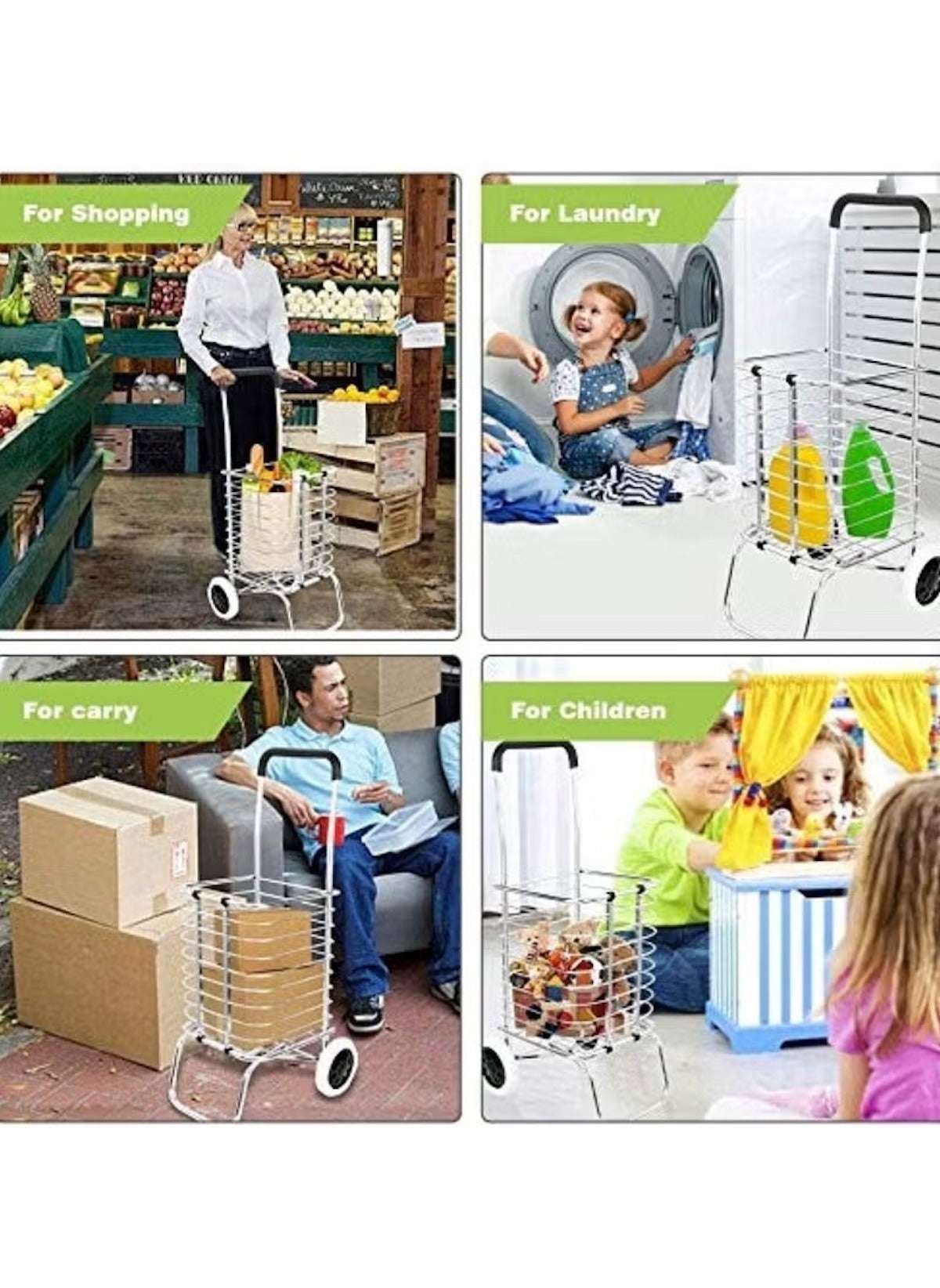 Huitich 2 wheel aluminum shopping cart used as laundry basket and for carrying groceries and toys