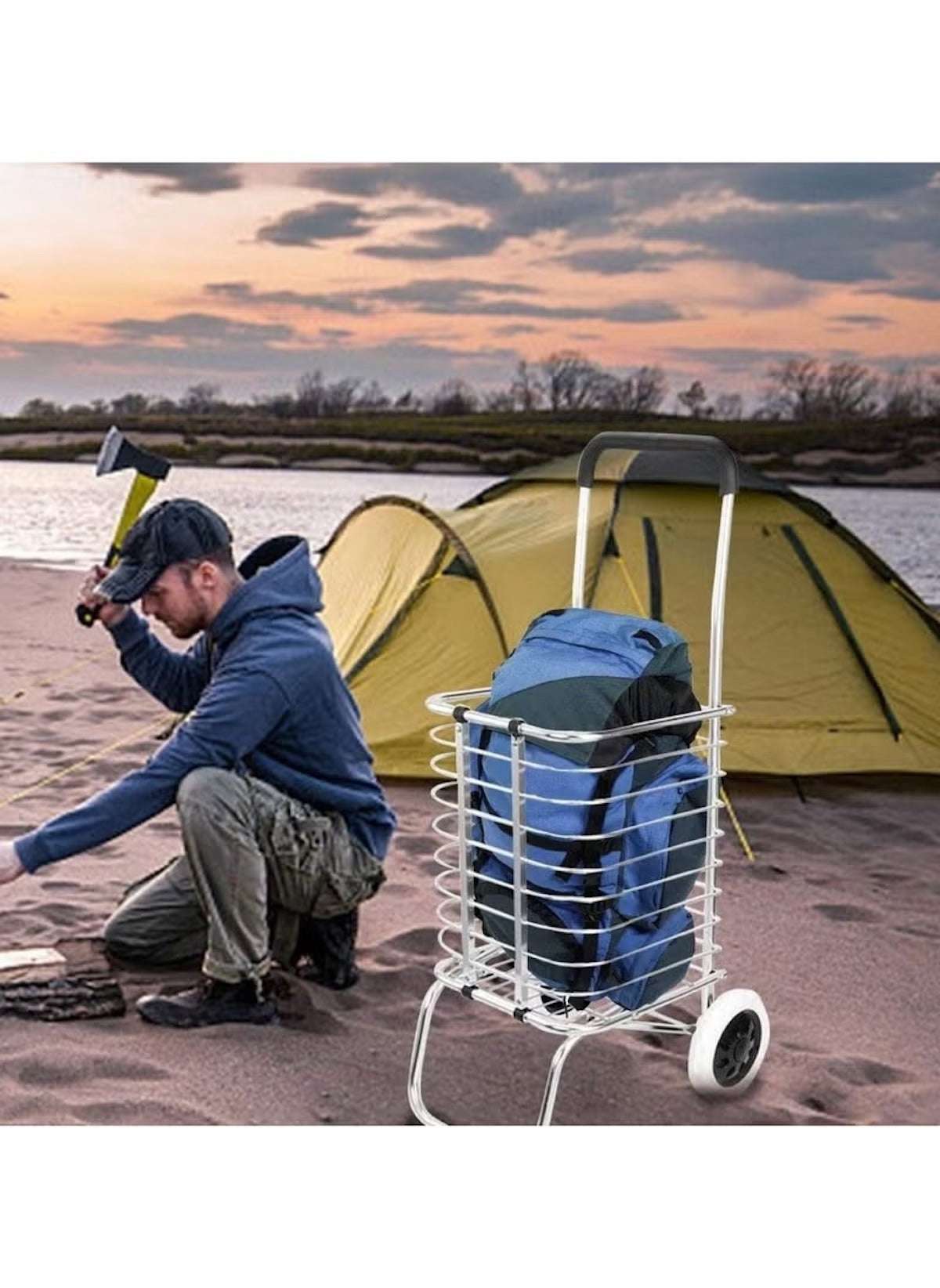 Huitich 2 wheel aluminum shopping cart with white frame and large wheels carrying blue bags at a beach campsite