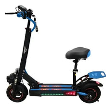 Electric bike with black frame, blue accents, front headlight and rear taillights