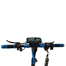 Electric bike handlebar with blue grips, digital display, front brake and key lock