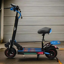 Electric bike with black body, blue frame accents, seated saddle and dual wheel lights